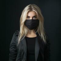 portrait of a beautiful blonde woman wearing a medical mask on a black background generative ai photo