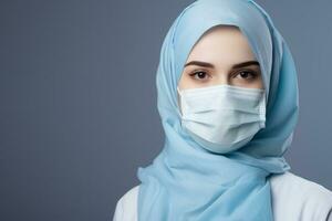 muslim woman wearing a medical mask on a gray background generative ai photo