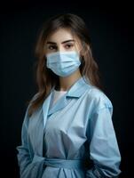 portrait of a young woman wearing a medical mask on a black background photo