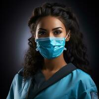 portrait of a young woman wearing a surgical mask on a black background generative ai photo