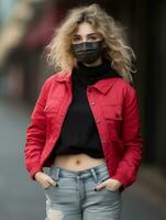 portrait of a young woman wearing a medical mask on the street generative ai photo