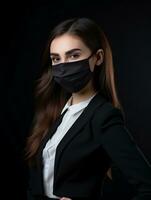 young business woman in black suit and black face mask on black background generative ai photo