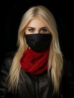 woman in black leather jacket and red scarf generative ai photo