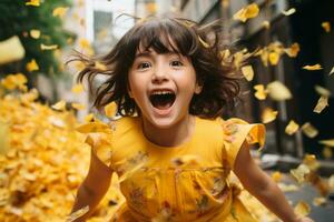 a little girl in a yellow dress running through yellow petals generative ai photo