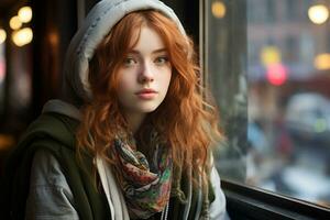 un niña con rojo pelo sentado en un tren mirando fuera el ventana generativo ai foto