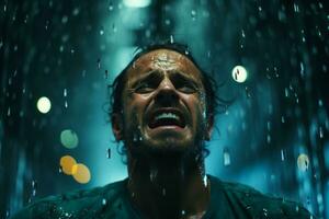 a man in the rain with his mouth open generative ai photo