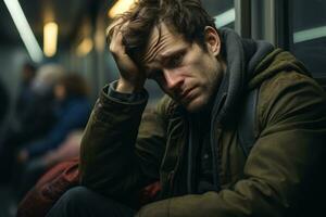 a man sitting on a subway train with his head in his hands generative ai photo