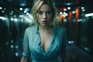 a woman in a blue dress standing in an empty hallway generative ai photo
