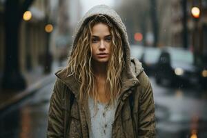 un mujer en un capucha en pie en el lluvia generativo ai foto