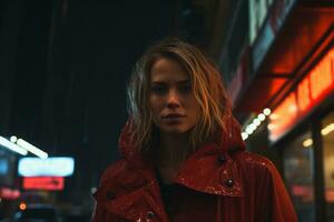 a woman in a red coat standing in the rain photo