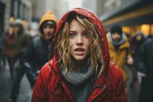 a woman in a red hoodie is standing in the middle of a crowd generative ai photo