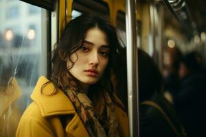 a woman in a yellow coat sitting on a train generative ai photo