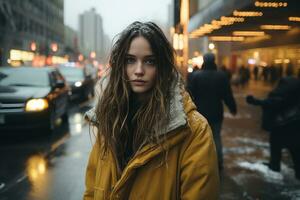 un mujer en un amarillo Saco en pie en el medio de un ciudad calle generativo ai foto