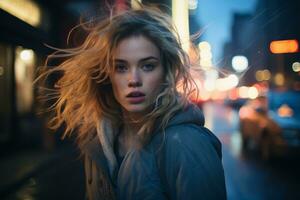 a woman in the city at night with her hair blowing in the wind generative ai photo