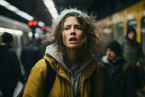 a woman is standing in a subway station with snow on her head generative ai photo