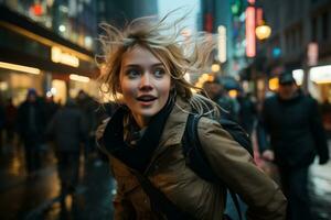 a woman is walking down the street with her hair blowing in the wind photo