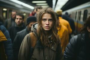 a woman standing in a subway station with many people around her photo