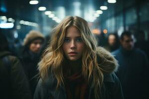 a woman standing in an airport with many people in the background generative ai photo