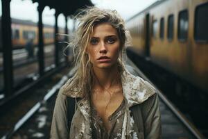 a woman standing in front of a train photo