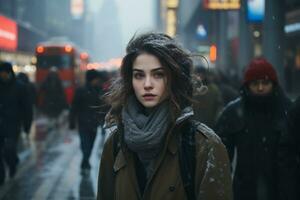 un mujer en pie en el medio de un ciudad calle en el nieve generativo ai foto