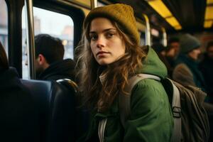 un mujer vistiendo un verde chaqueta y un gorro en un tren generativo ai foto