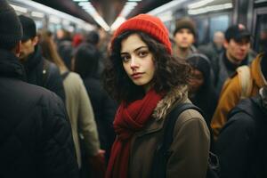 a woman wearing a red hat and scarf on a subway train photo