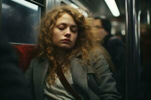 un mujer con Rizado pelo es dormido en un tren generativo ai foto