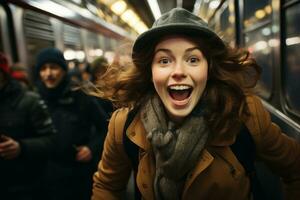 a woman with her mouth open on a subway train photo