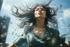 a woman with her hair blowing in the wind photo