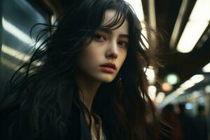 a woman with long black hair standing in a subway station generative ai photo