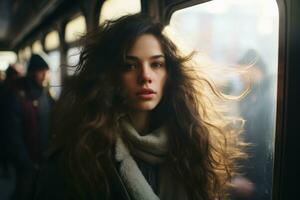a woman with long hair on a train generative ai photo