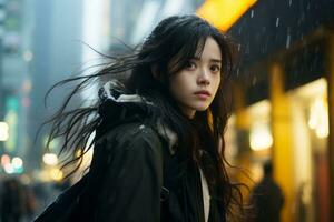 a woman with long hair walking down the street in the rain generative ai photo