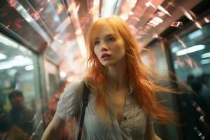 a woman with long red hair standing on a subway train generative ai photo