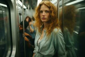a woman with red hair on a subway train photo