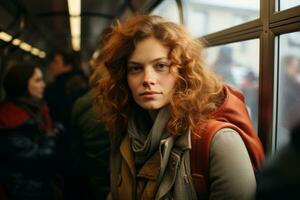 a woman with red hair on a train photo
