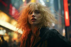 a woman with red hair standing in the middle of a city street photo
