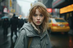 a woman with red hair standing in the rain on a city street generative ai photo