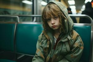 a young girl wearing a jacket sitting on a train generative ai photo