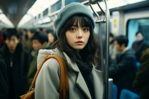 a young woman in a hat and coat on a subway generative ai photo