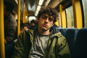a young man sitting on a bus generative ai photo