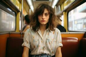 a young woman sitting on a bus with her eyes closed photo