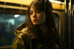 un joven mujer sentado en un subterraneo tren con gotas de lluvia en su cara generativo ai foto