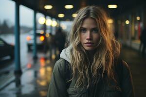 a young woman standing in front of a bus stop on a rainy day generative ai photo