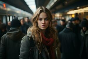 a young woman standing in front of a crowd of people photo