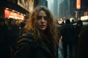 a young woman standing in the middle of a city street generative ai photo