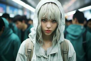 a young woman with white hair and a hoodie standing in front of a crowd of people generative ai photo