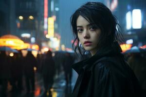 an asian woman in a black coat standing in the middle of a city street at night generative ai photo