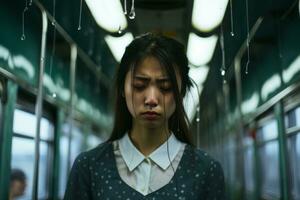 an asian woman standing in a train with water drops on her face generative ai photo