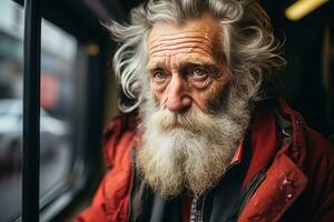 un antiguo hombre con un largo blanco barba sentado en un autobús foto