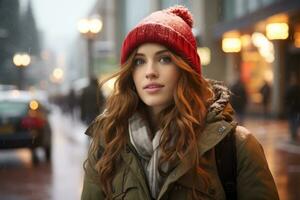 beautiful young woman with red hat walking on the street in the rain generative ai photo